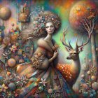 Fantasy Art Depicting Woman, Deer, and Castle Scene