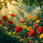 Vibrant Garden with Colorful Flowers and Butterflies