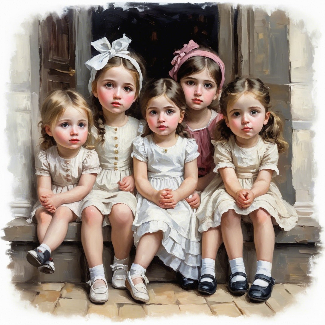 Group of Five Girls in Vintage Dresses on Stone Step