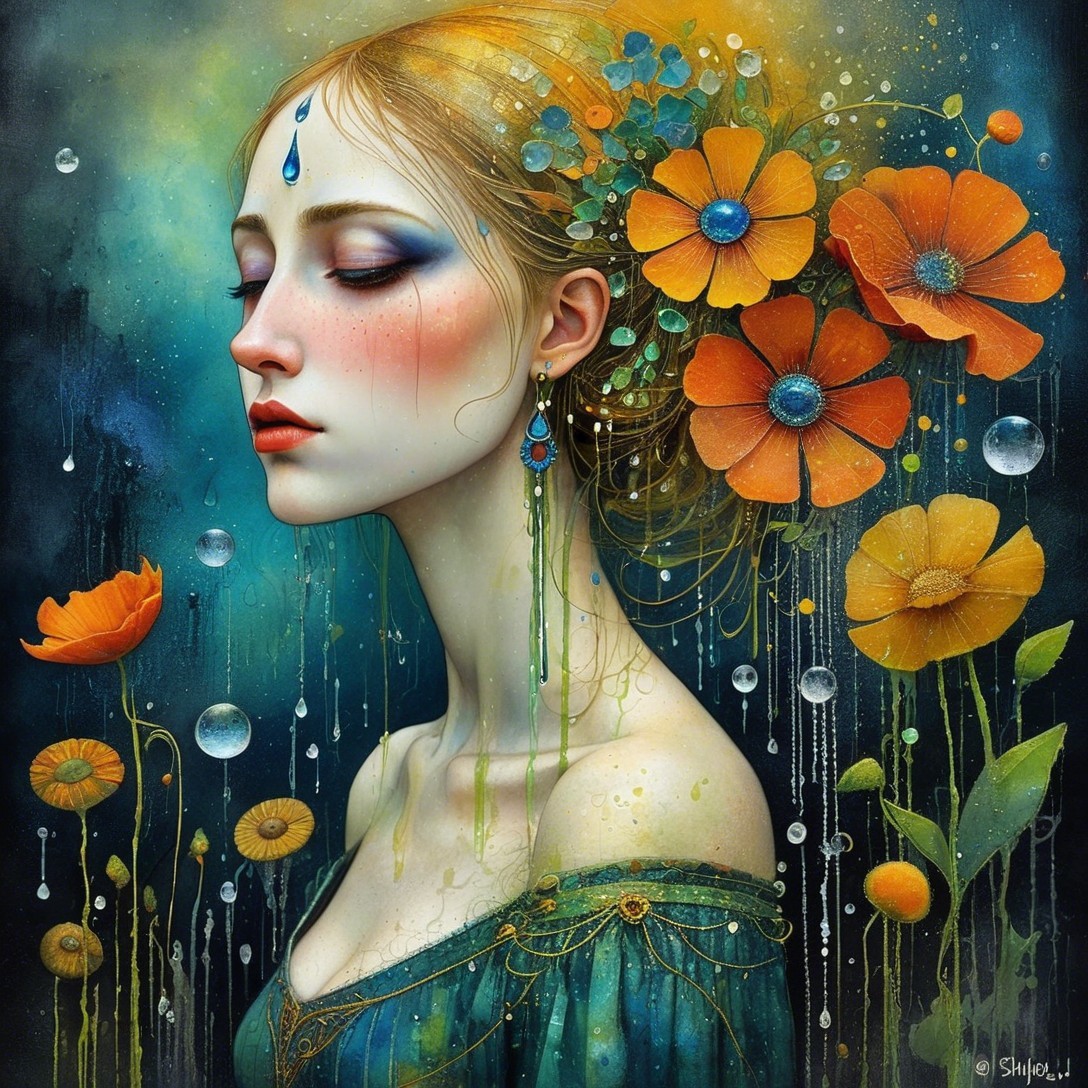 Serene Female Figure with Orange Flowers and Water Droplets