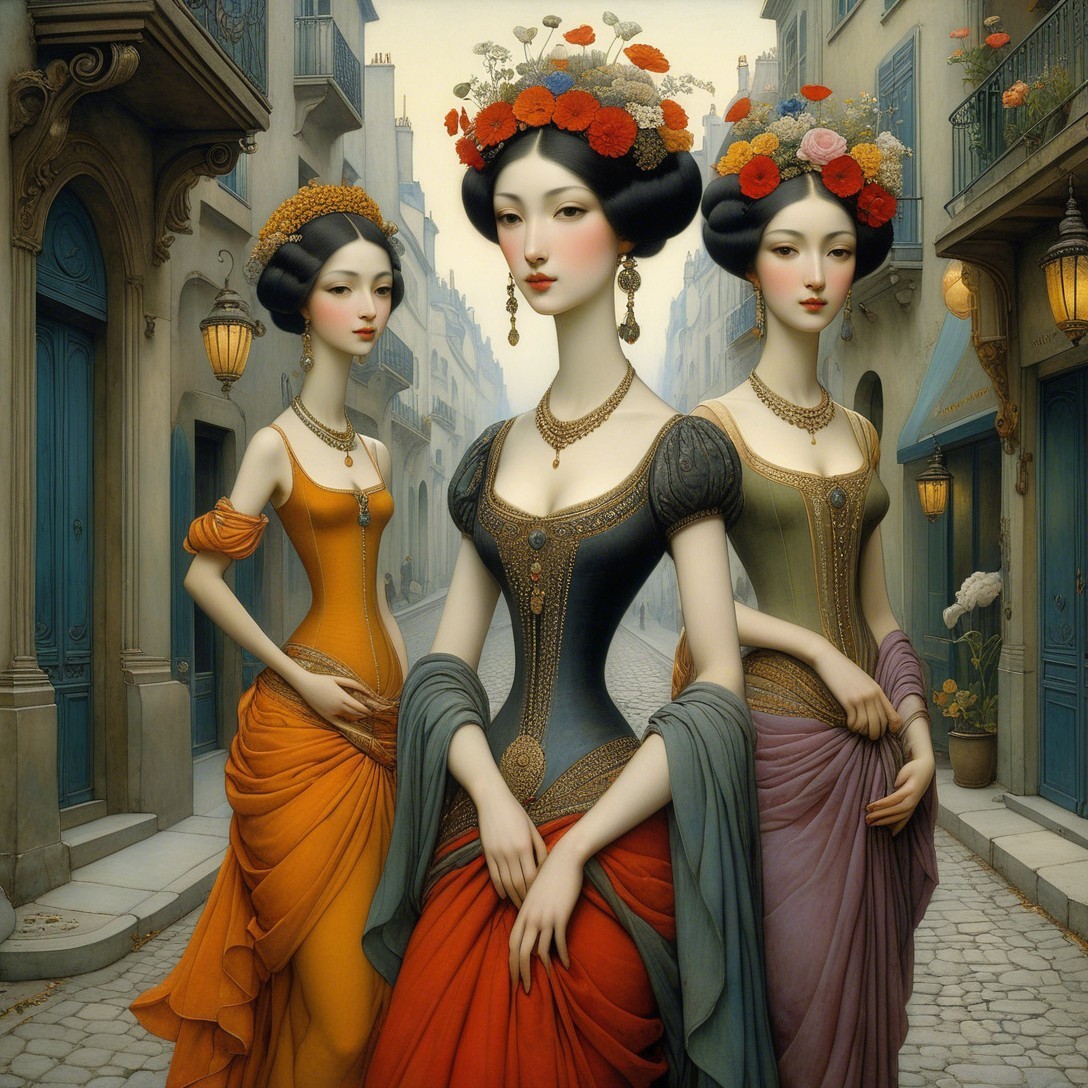 Elegantly Dressed Women on Cobblestone Street