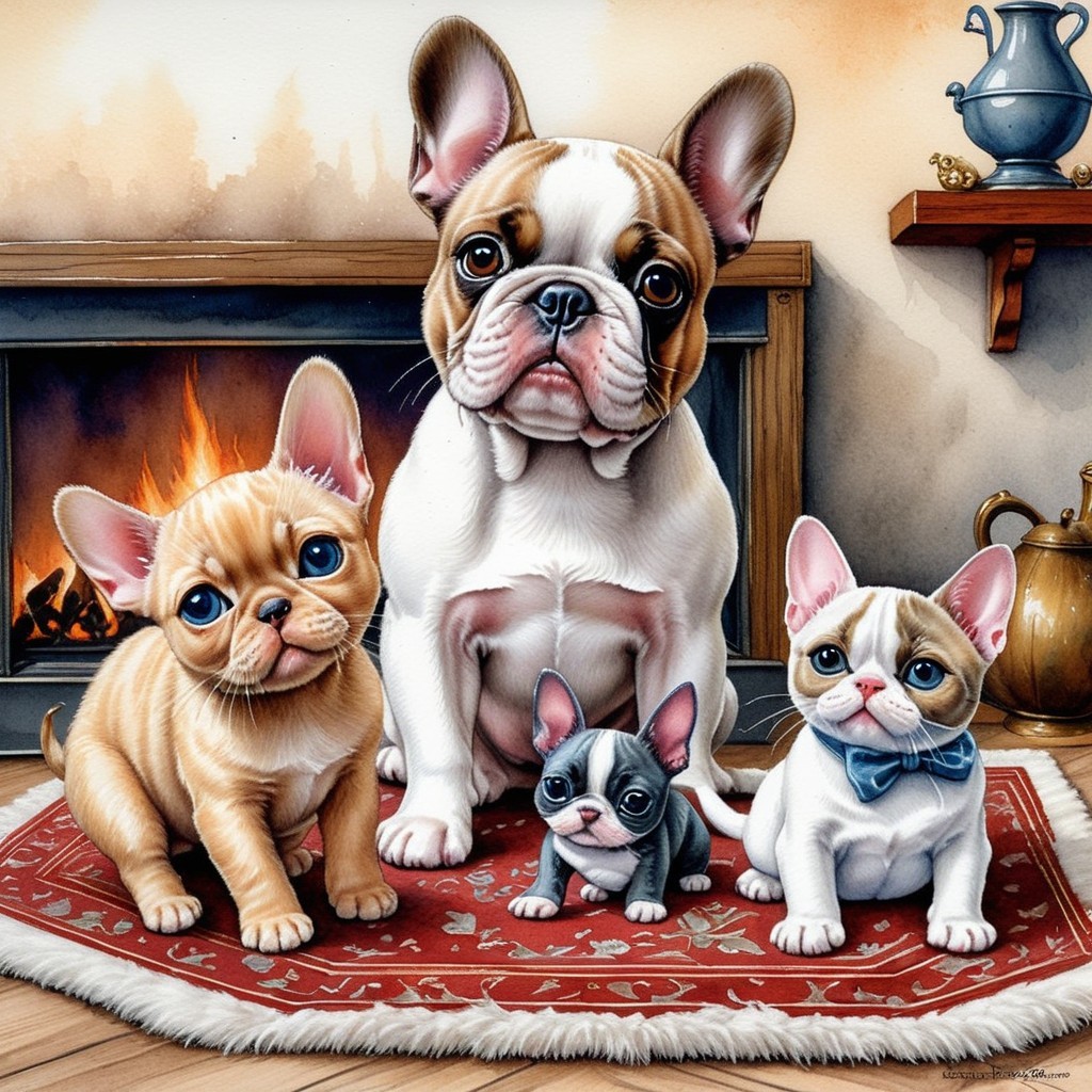 Bulldogs and Cat by Fireplace on Oriental Rug