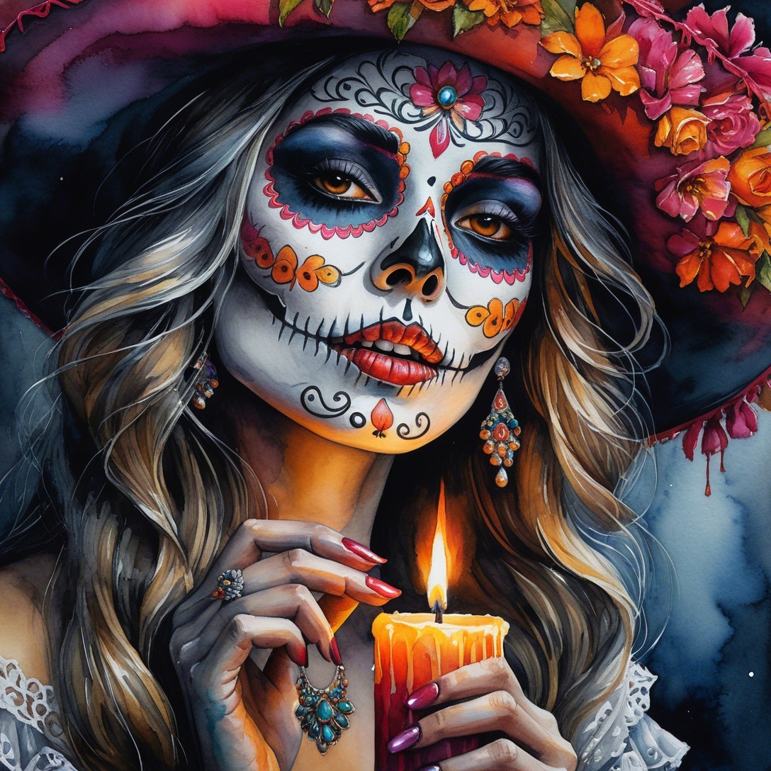 Portrait of a woman with sugar skull makeup and flowers