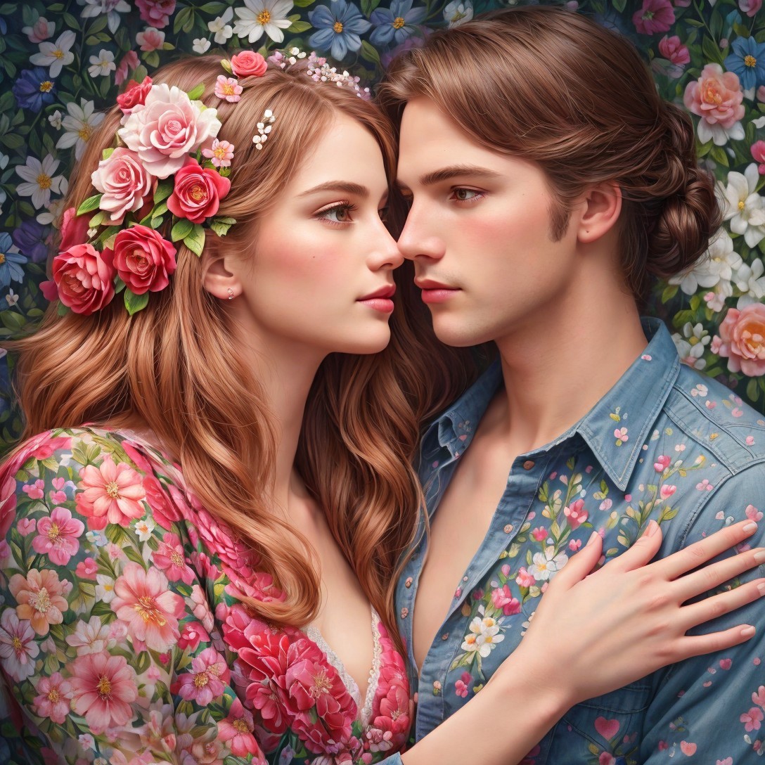 Digital artwork: Young couple embracing, woman in floral crown and dress, man in denim shirt, surrounded
