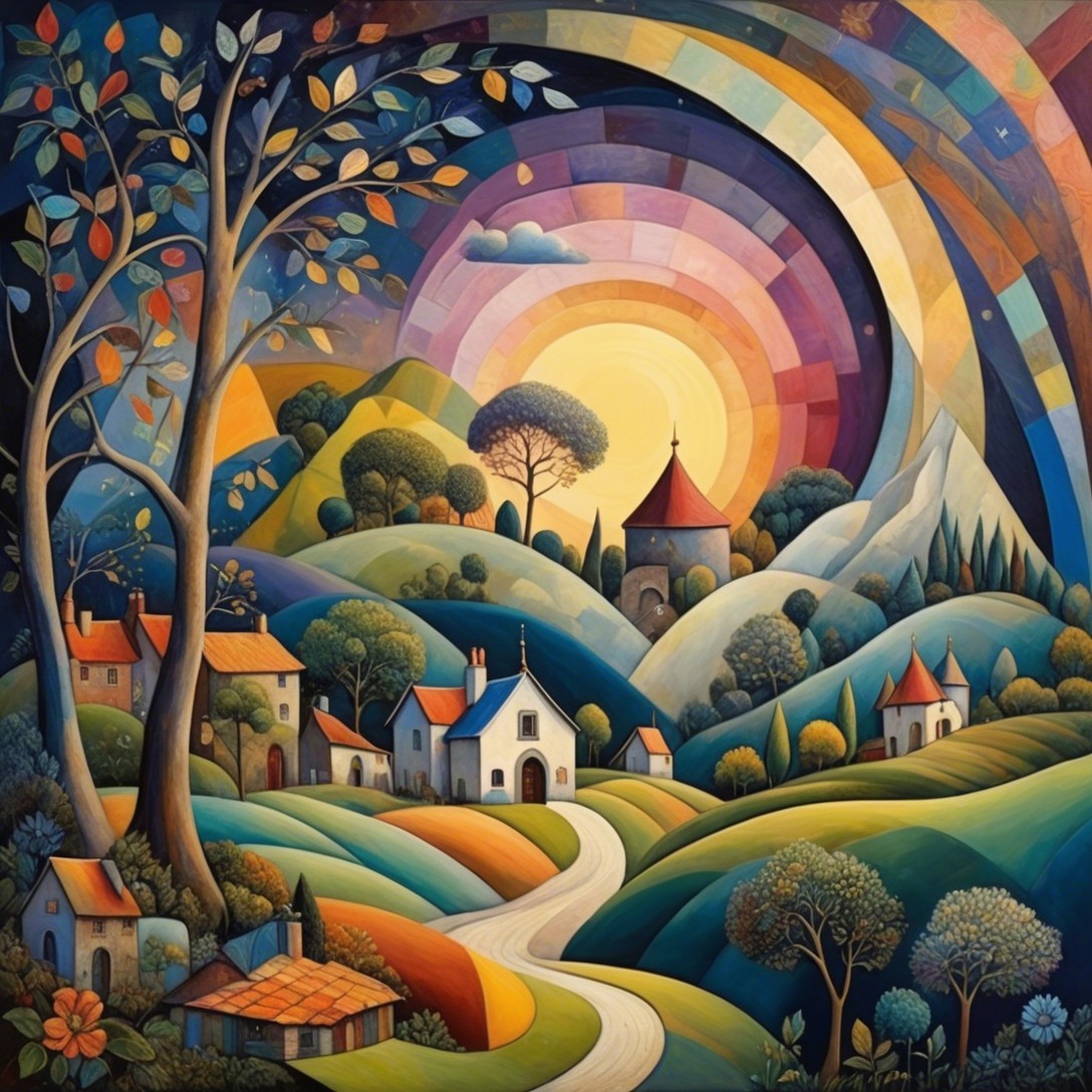 Whimsical Landscape Under a Radiant Sunset
