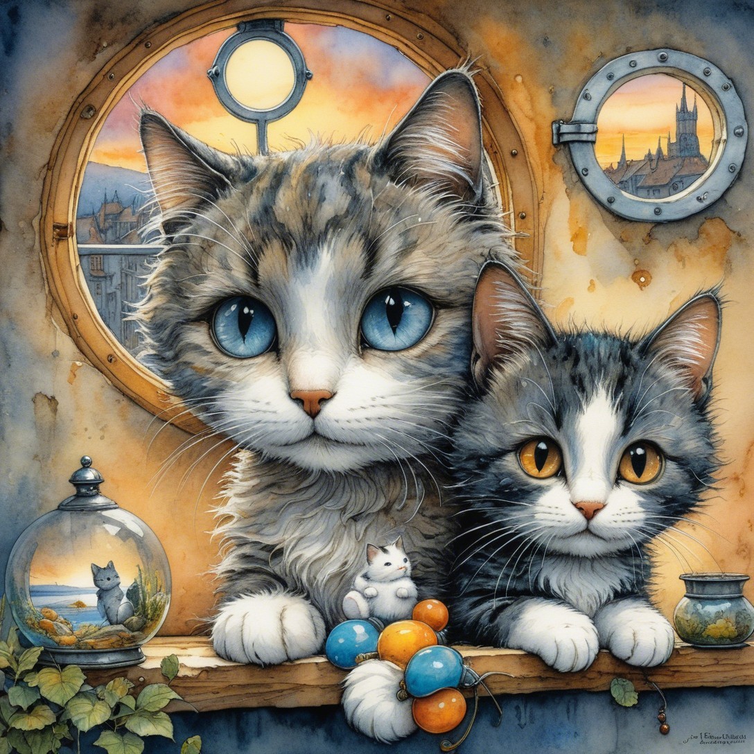 Cats by Porthole with Sunset and Whimsical Decor