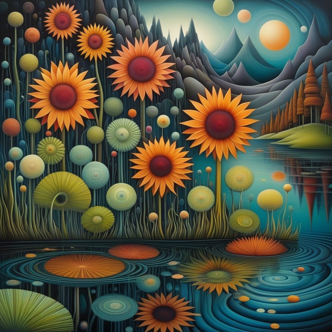 Vibrant Landscape with Sunflowers and Serene Lake