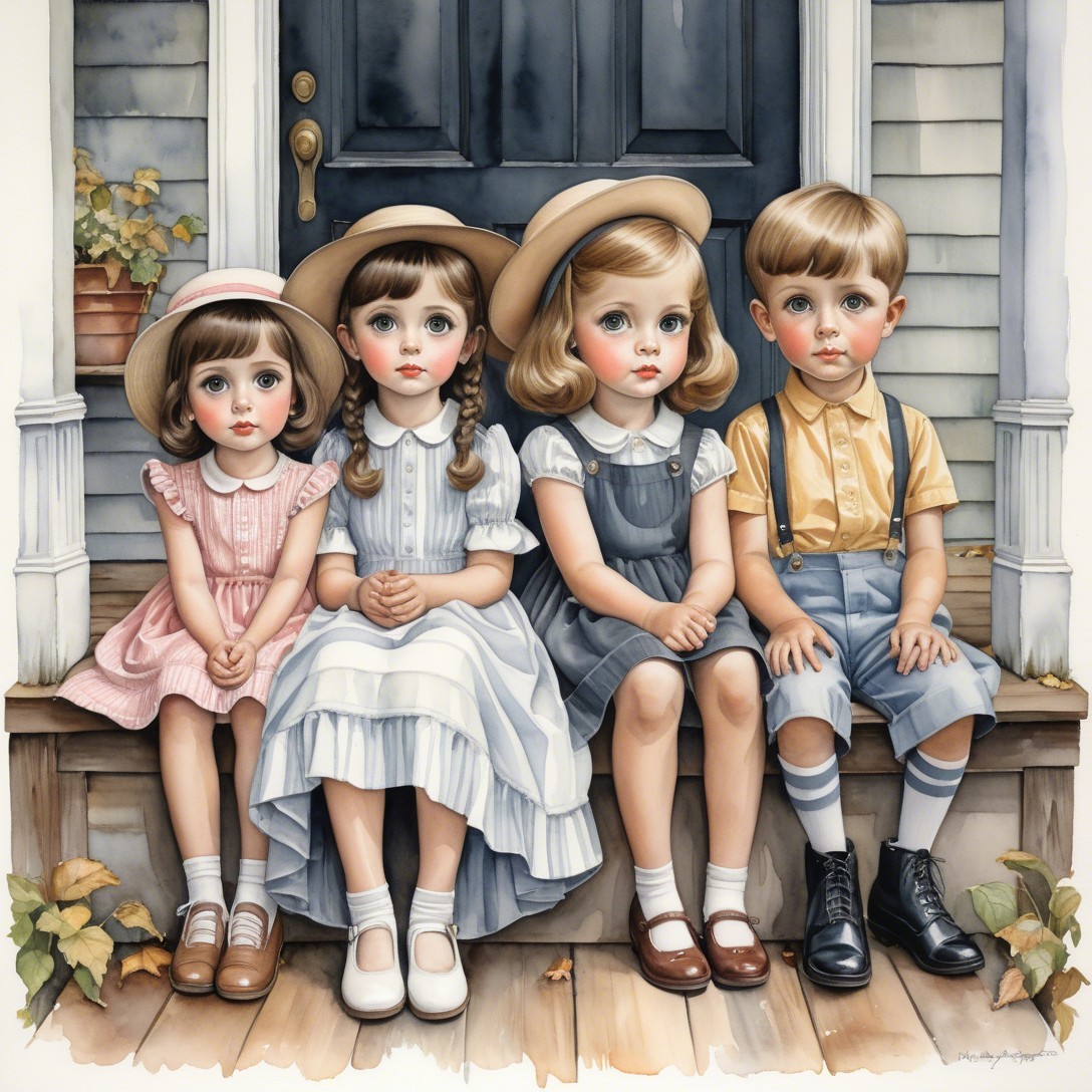 Children on Steps in Pastel Attire with Autumn Leaves