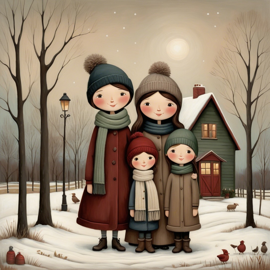 Whimsical Figures in a Serene Winter Landscape