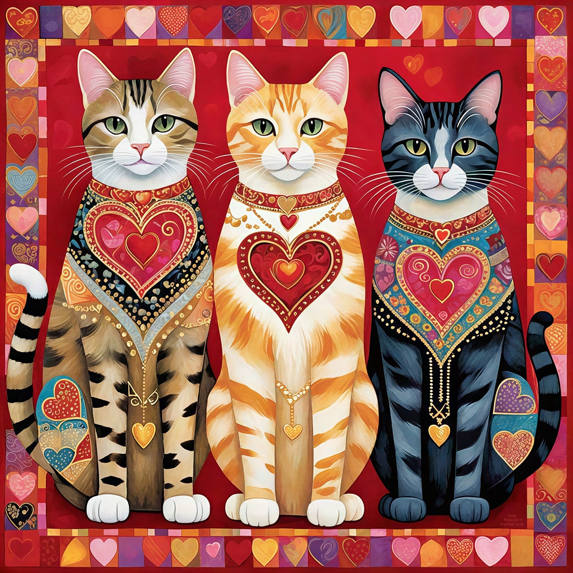 Three Stylized Cats with Jewelry on Red Background
