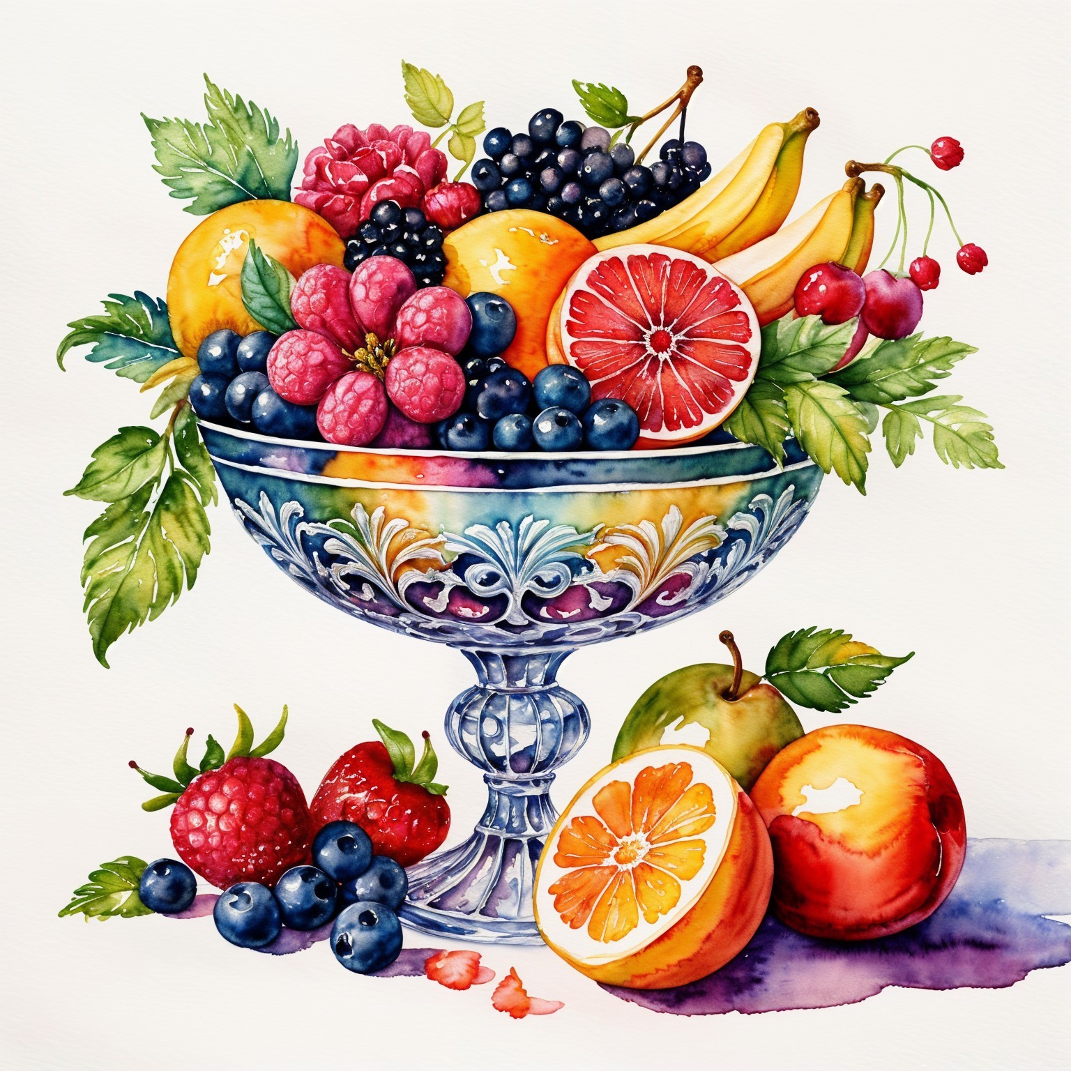 Watercolor Illustration of Fruit in Glass Bowl