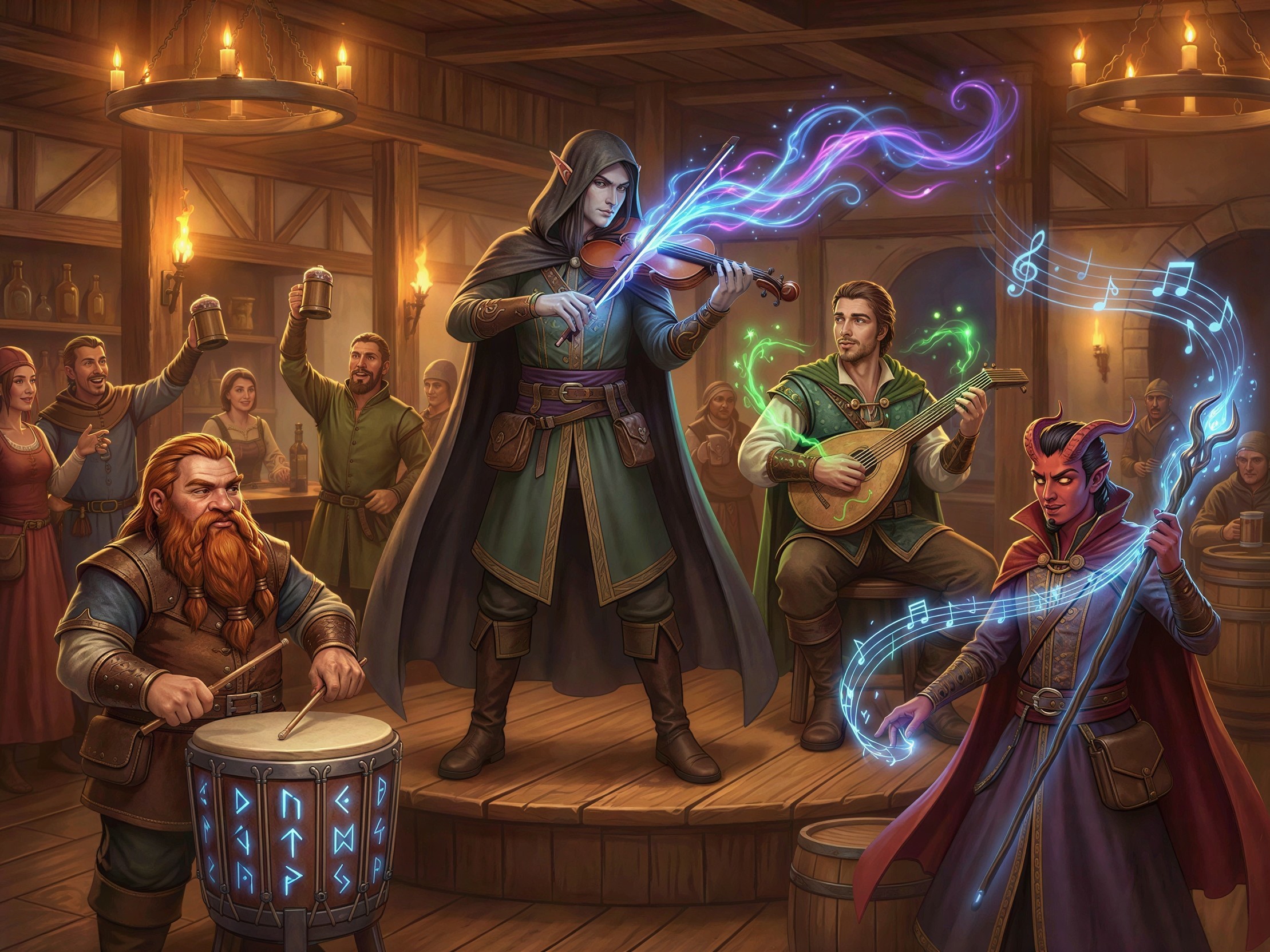Vibrant Tavern Scene with Diverse Musicians Performing