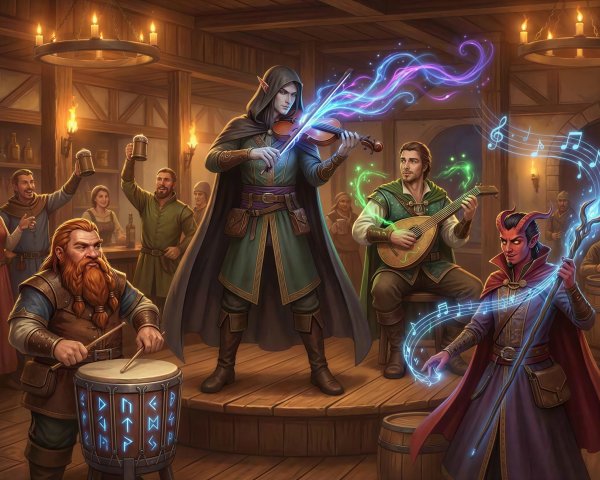 Vibrant Tavern Scene with Diverse Musicians Performing