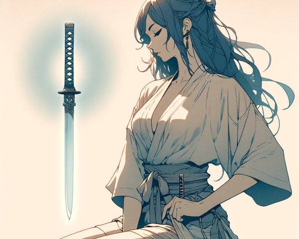 Serene Woman in Kimono with Floating Katana
