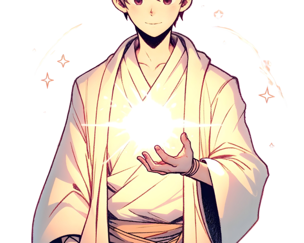 Young Male Character with Glowing Orb in Traditional Robe