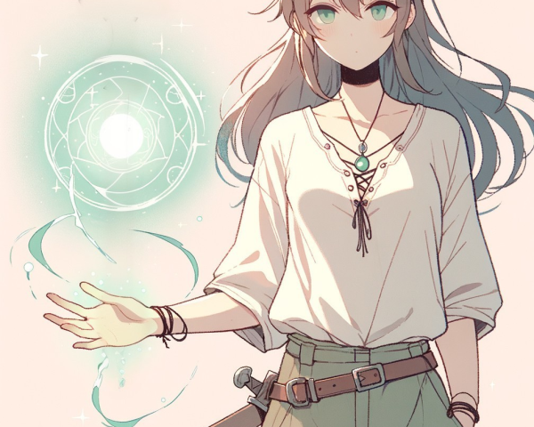 Young female mage with glowing magic orb and sword