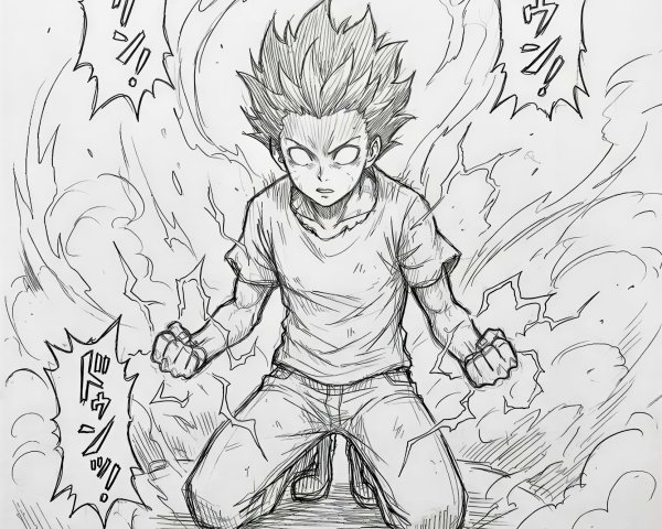 Black and white manga panel of a boy with intense emotion