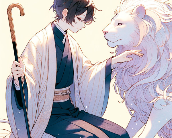 Young Individual in Traditional Attire with White Lion