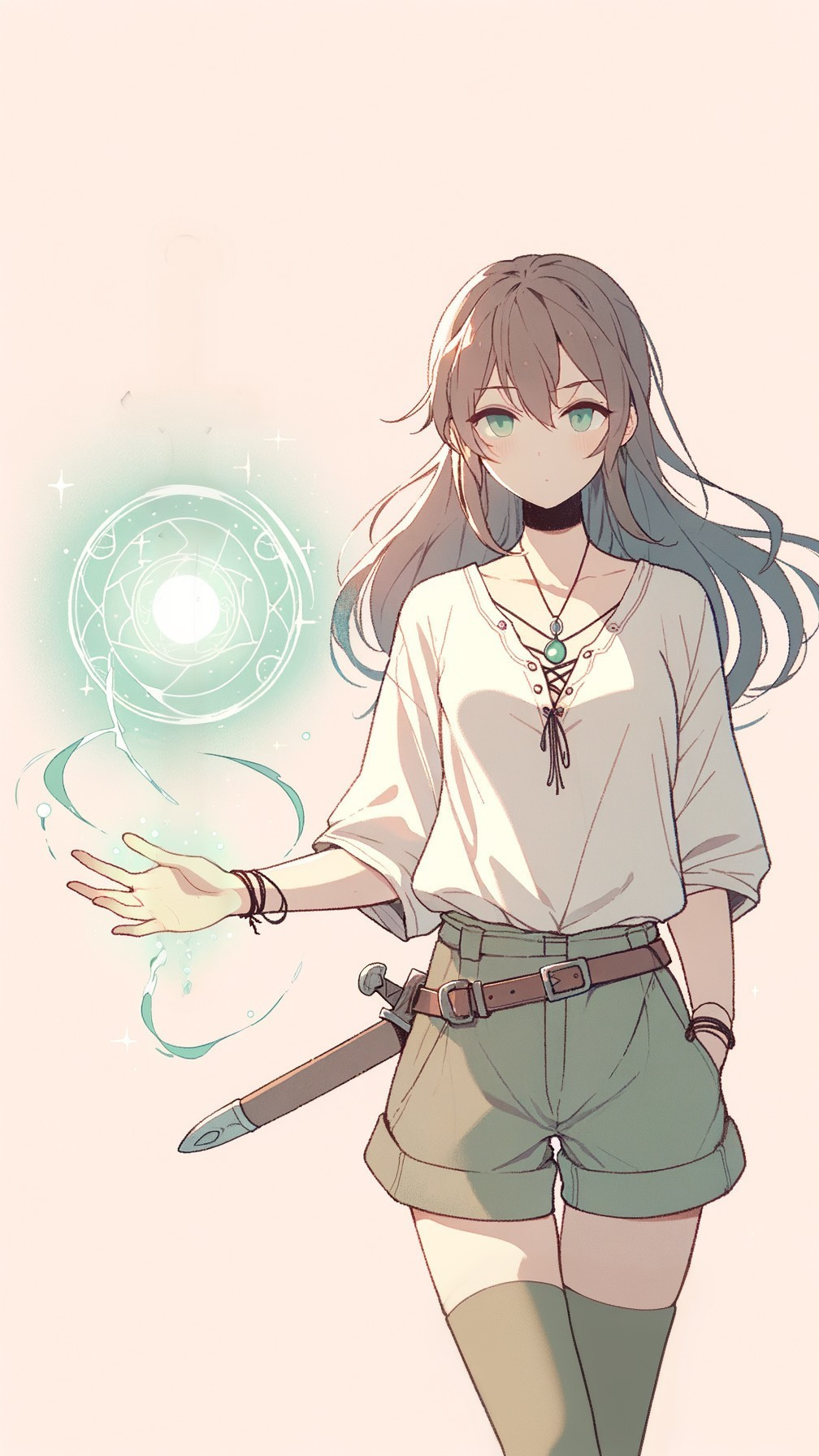 Young female mage with glowing magic orb and sword