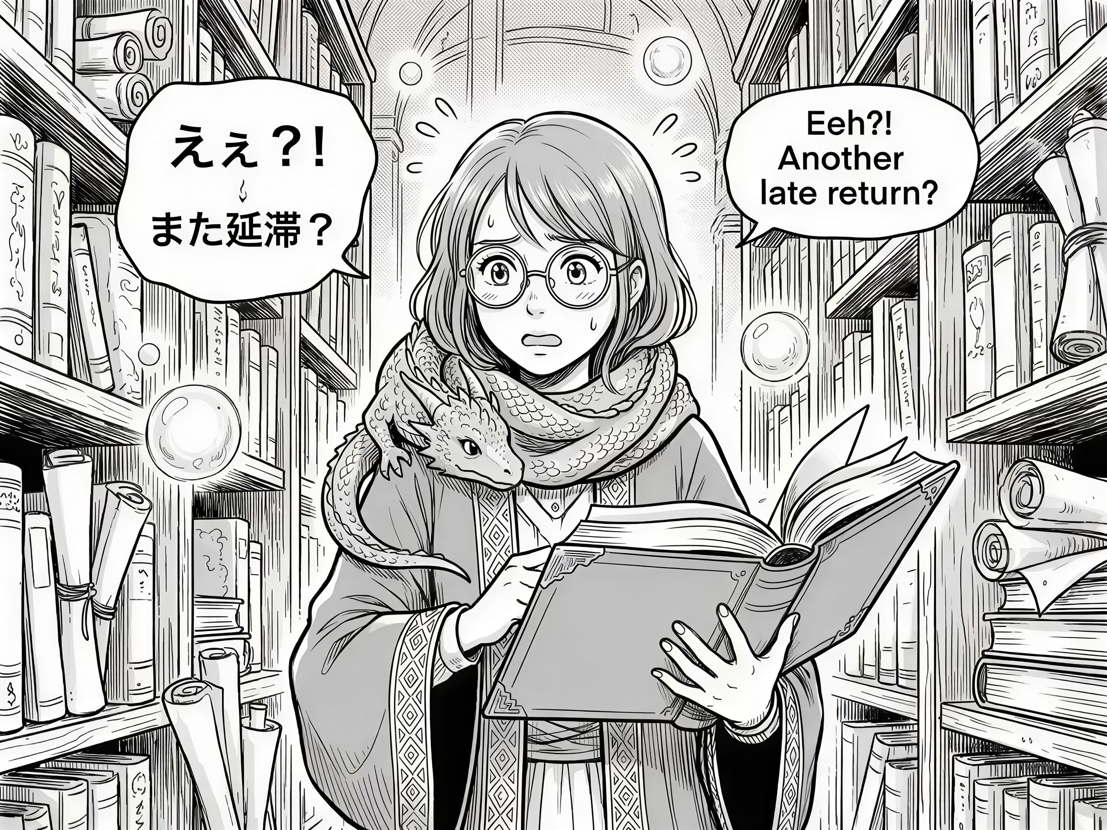 Anime-style illustration of a girl in a library