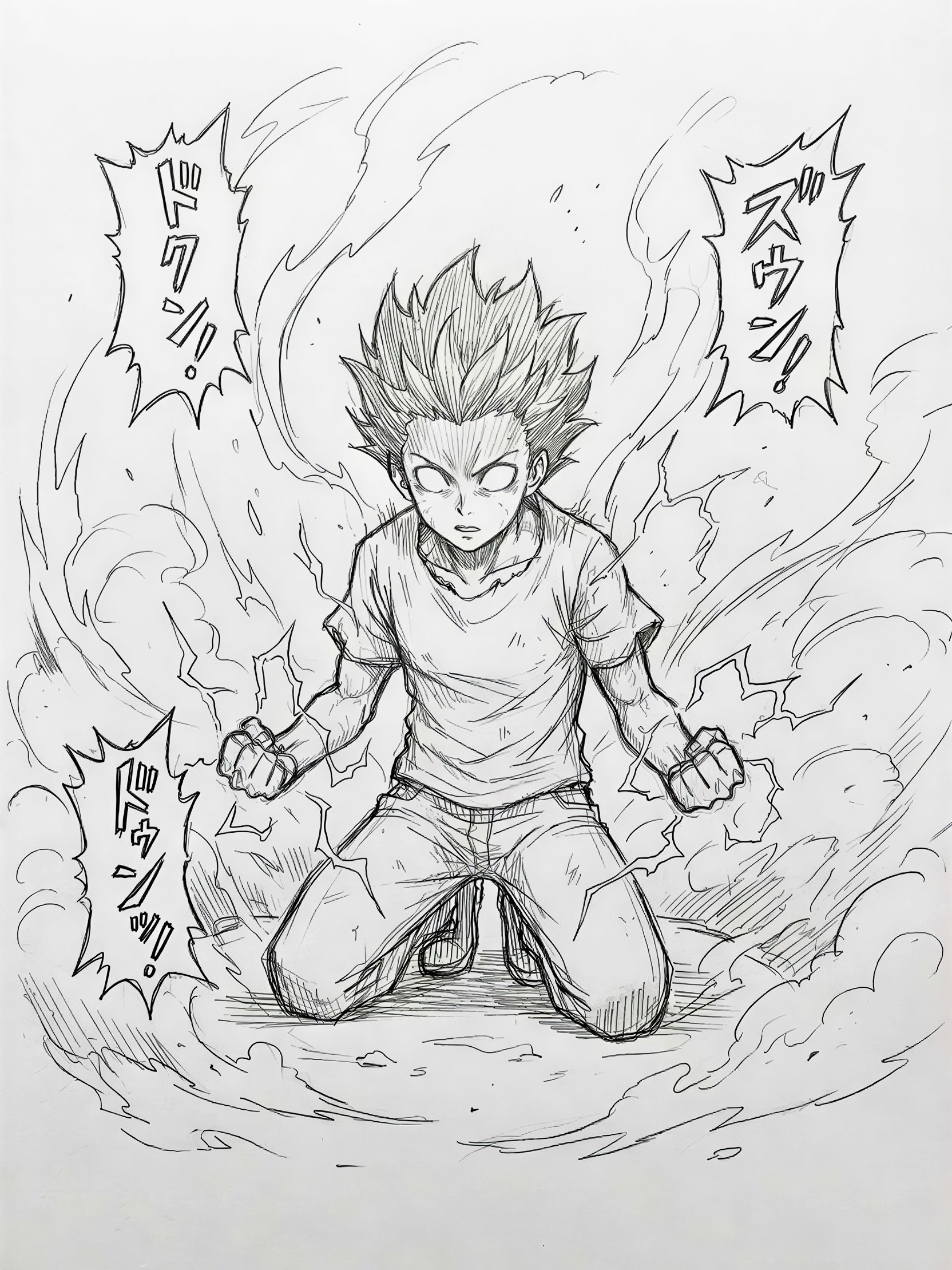 Black and white manga panel of a boy with intense emotion