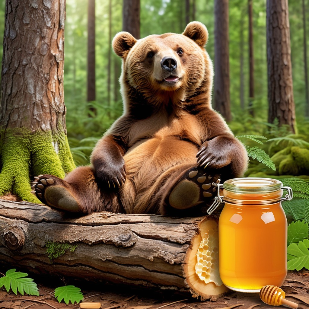 Brown bear lounging by honey in a vibrant forest