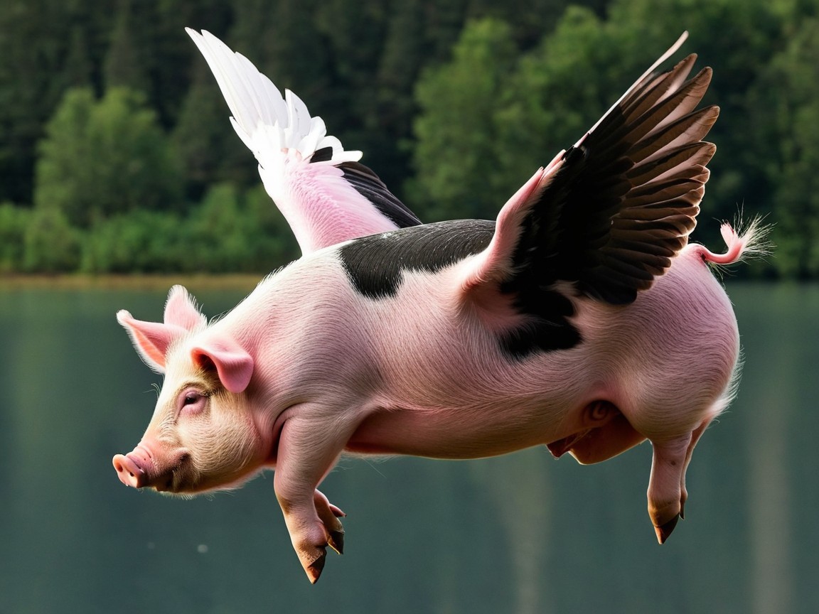 Whimsical Pig Flying with Wings Over Blue Lake