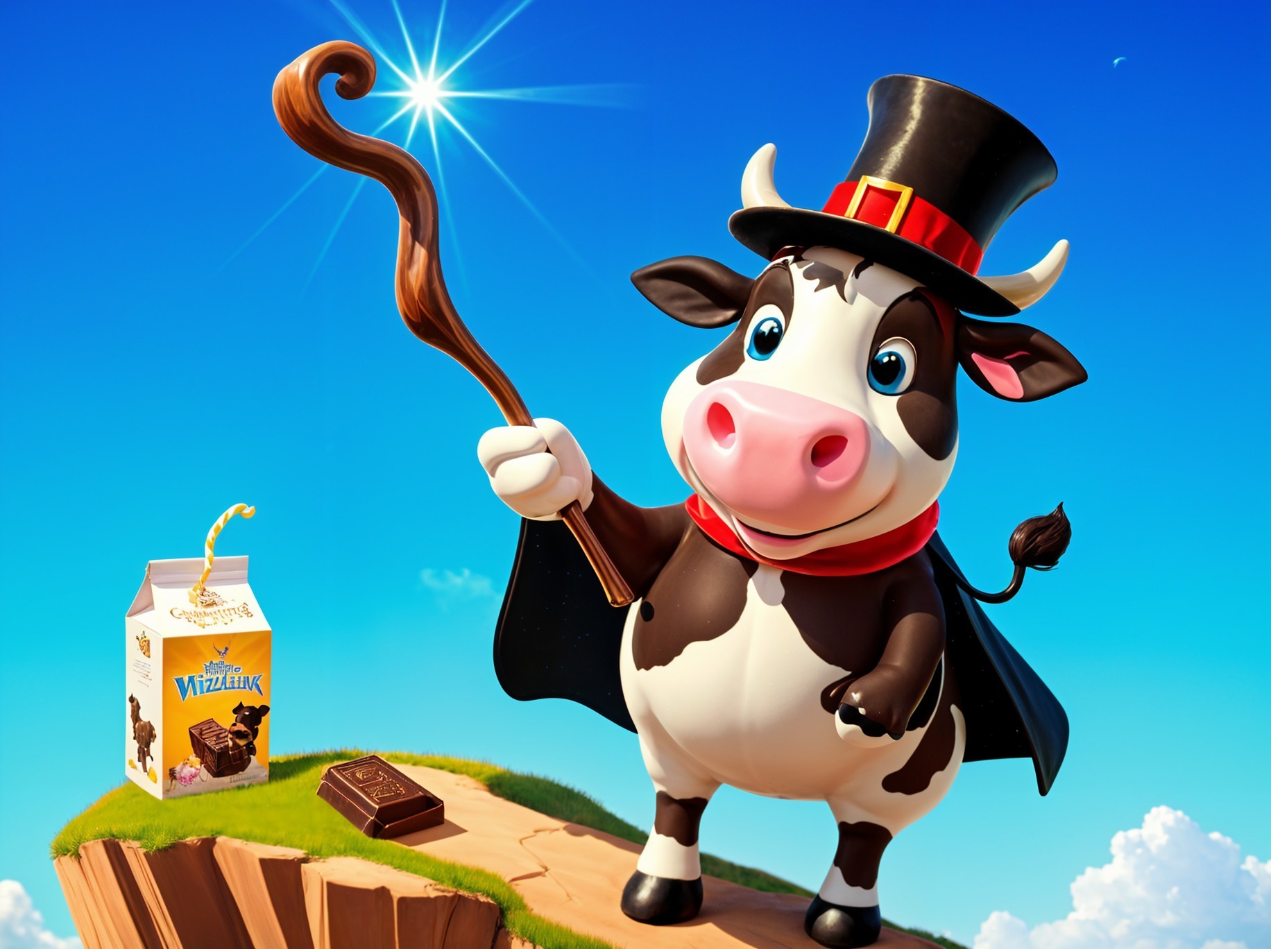 Cartoon Cow with Top Hat and Cape on Grassy Cliff