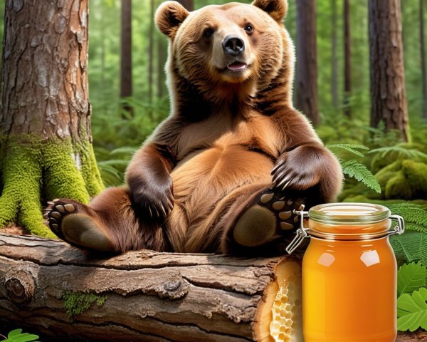 Brown bear lounging by honey in a vibrant forest