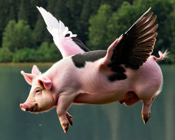 Whimsical Pig Flying with Wings Over Blue Lake