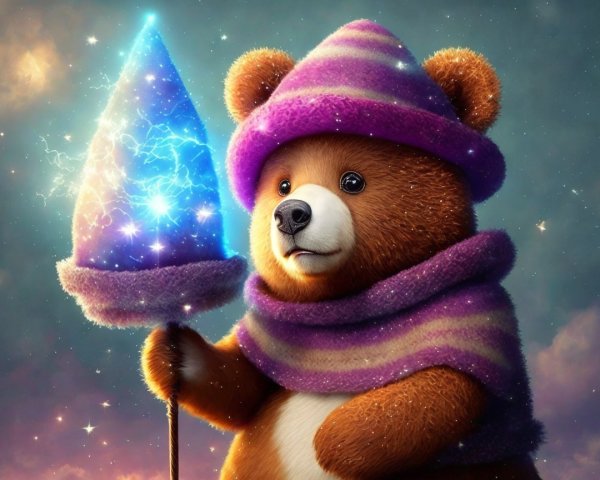 Whimsical Bear in Starry Sky with Magical Staff