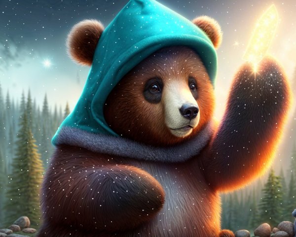 Bear in Teal Cloak with Crystal in Snowy Forest