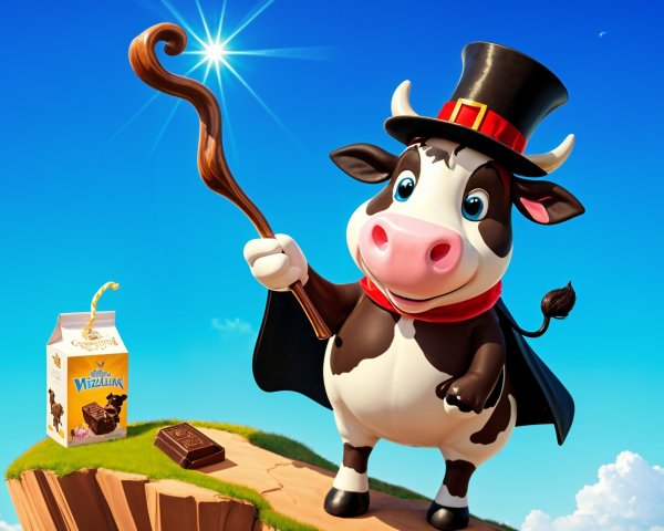 Cartoon Cow with Top Hat and Cape on Grassy Cliff