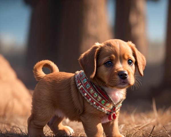 Fluffy Puppy with Colorful Collar in Sunlit Setting