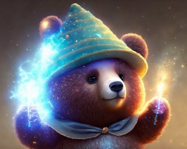 Whimsical bear in wizard attire with glowing wands