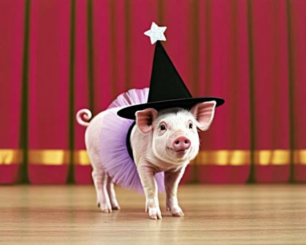Piglet in Witch Hat and Tutu on Stage with Curtains