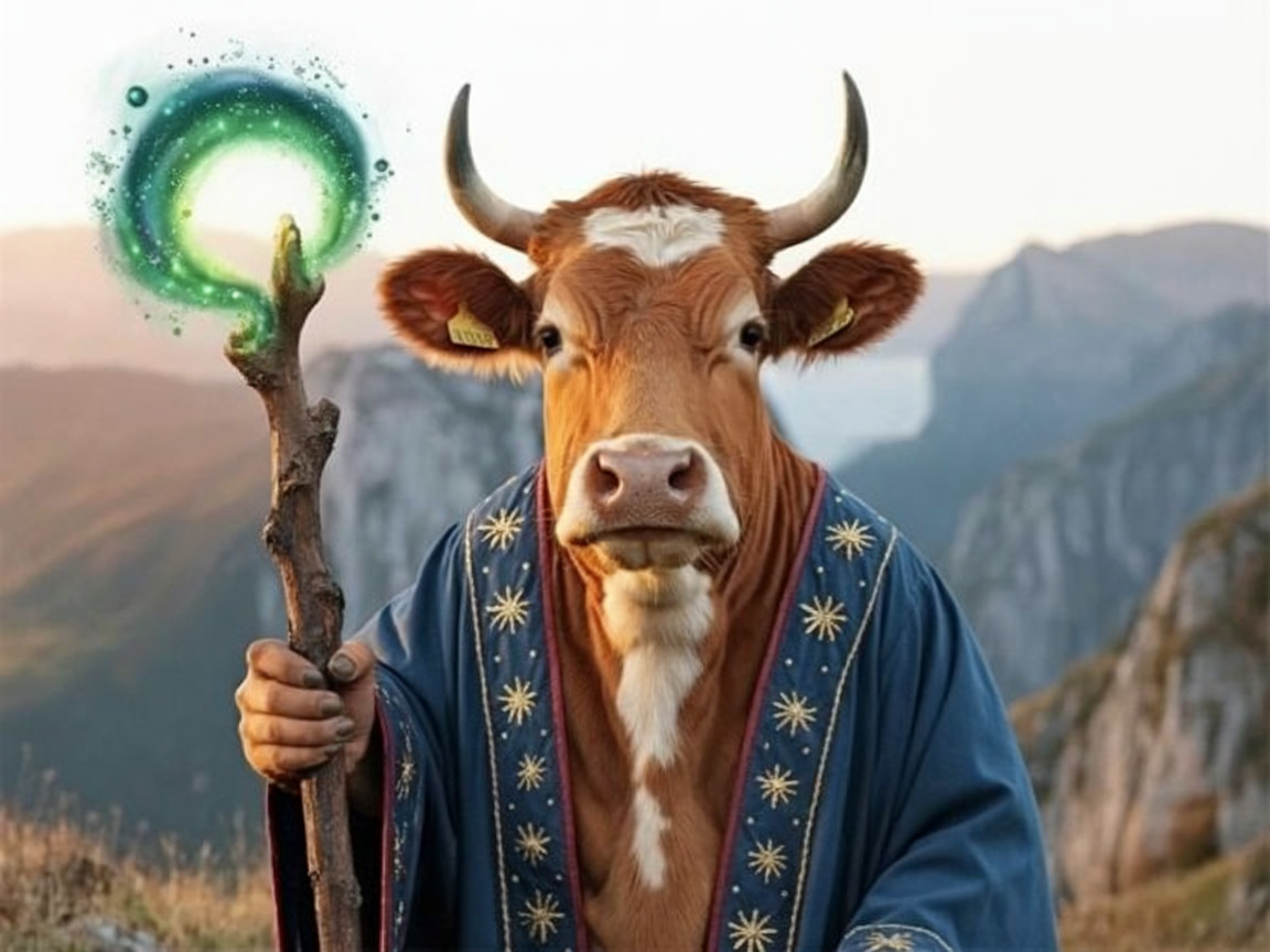 Mystical cow on mountain ridge with glowing staff