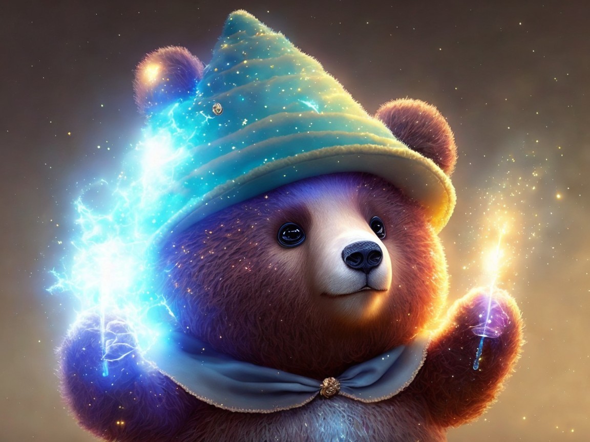 Whimsical bear in wizard attire with glowing wands