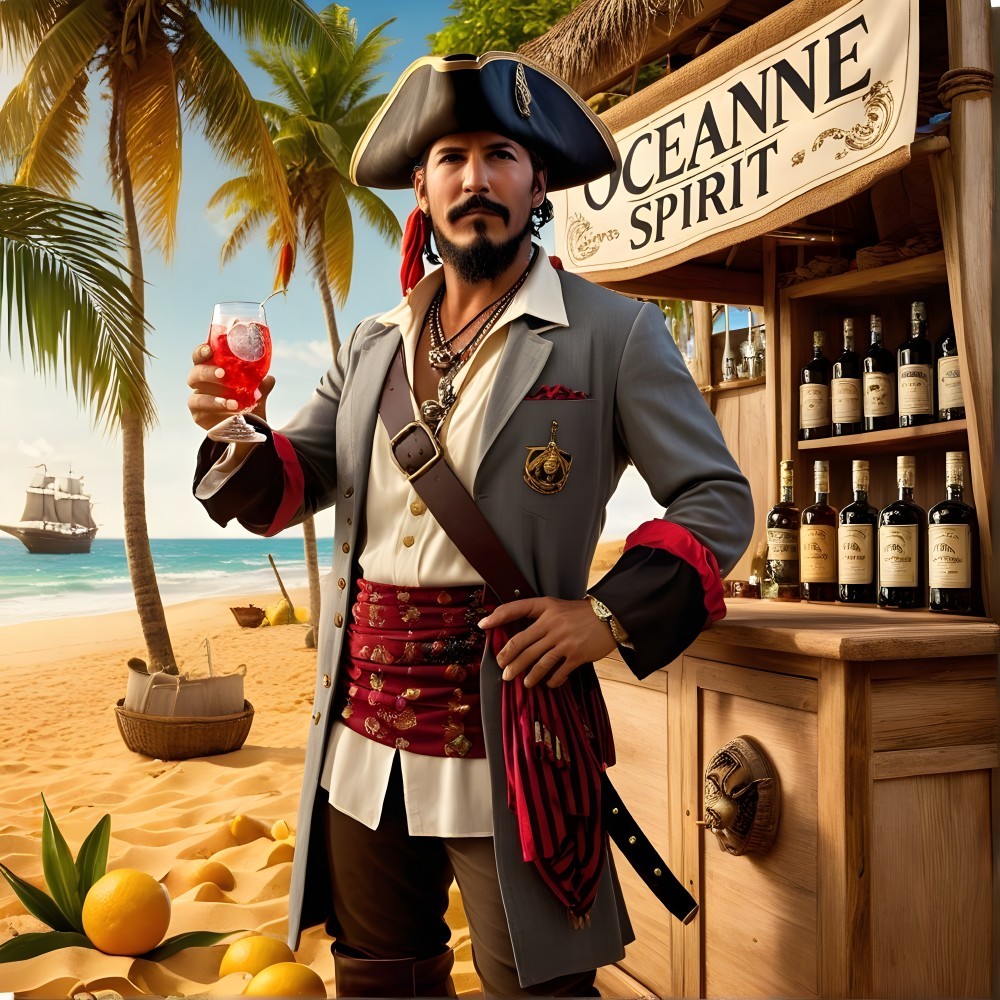 Confident Pirate at Beach Bar with Tropical Setting