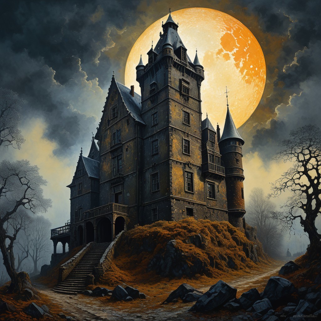 Gothic Castle Under Glowing Moon with Eerie Atmosphere