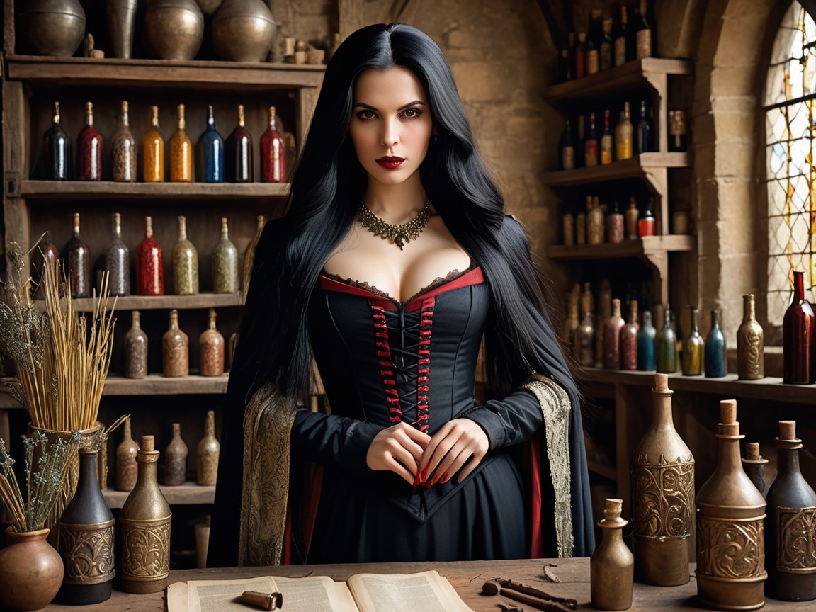 Gothic Woman in Medieval Room with Potions and Books