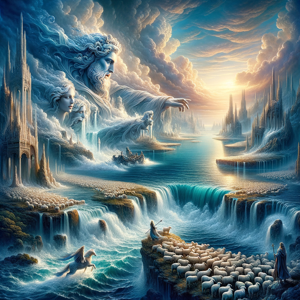 Mystical Landscape with Ethereal Figures and Waterfalls