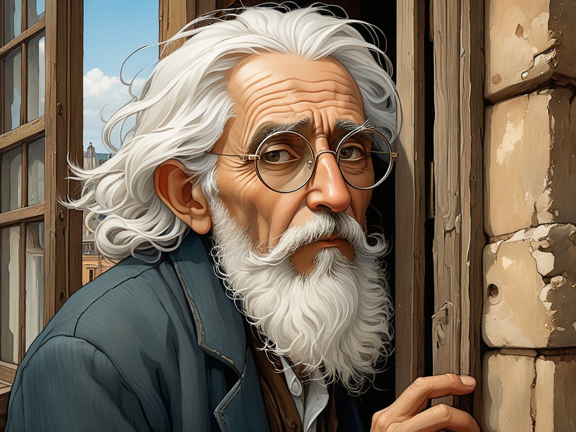 Elderly Man with White Hair at Open Window Contemplating