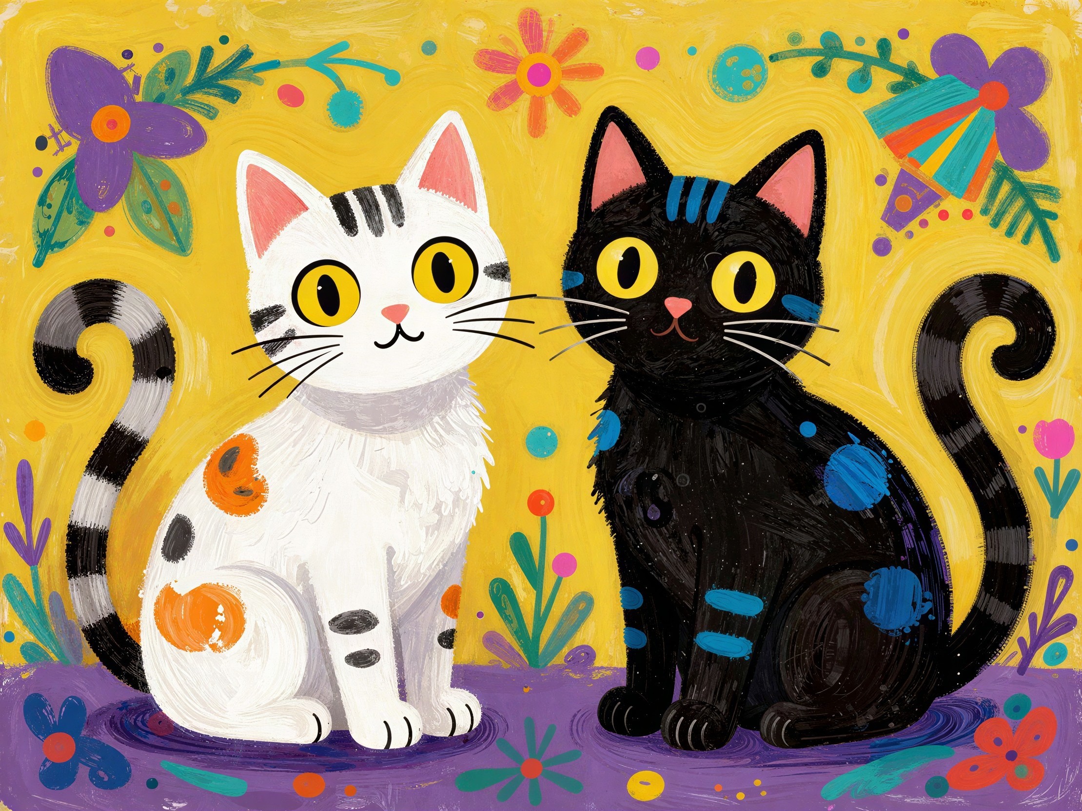 Cartoon Cats Against Yellow Background with Flowers