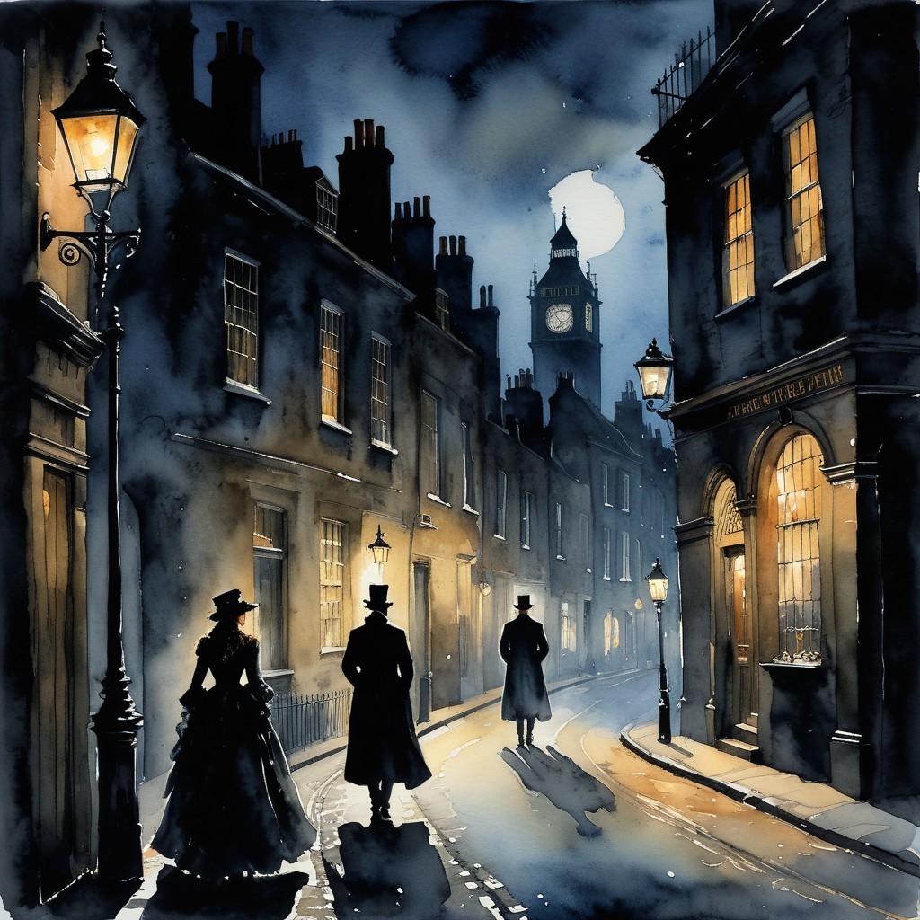 Misty Night Street with Vintage Gas Lamps and Figures