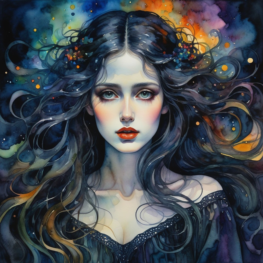 Portrait of a Young Woman with Cosmic Watercolor Background