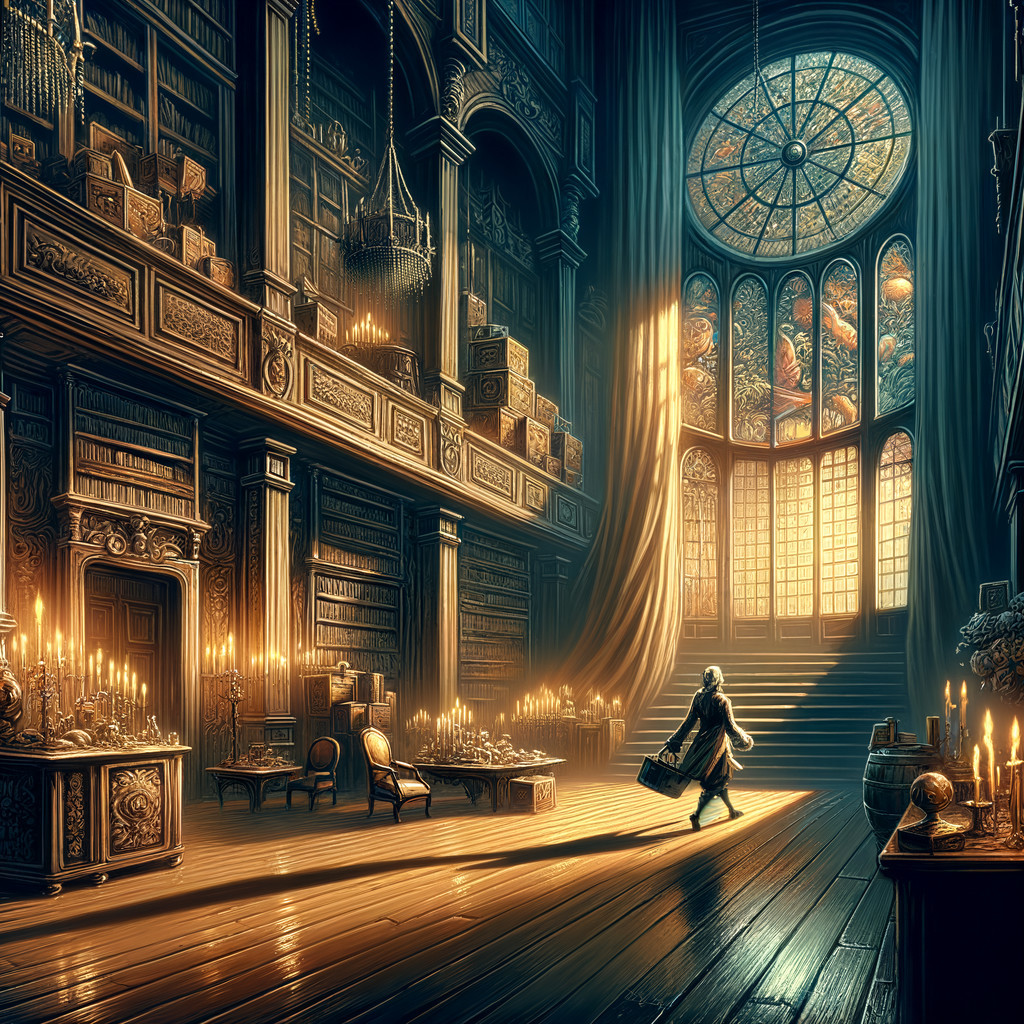 Dimly Lit Library with Vintage Decor and Stained Glass