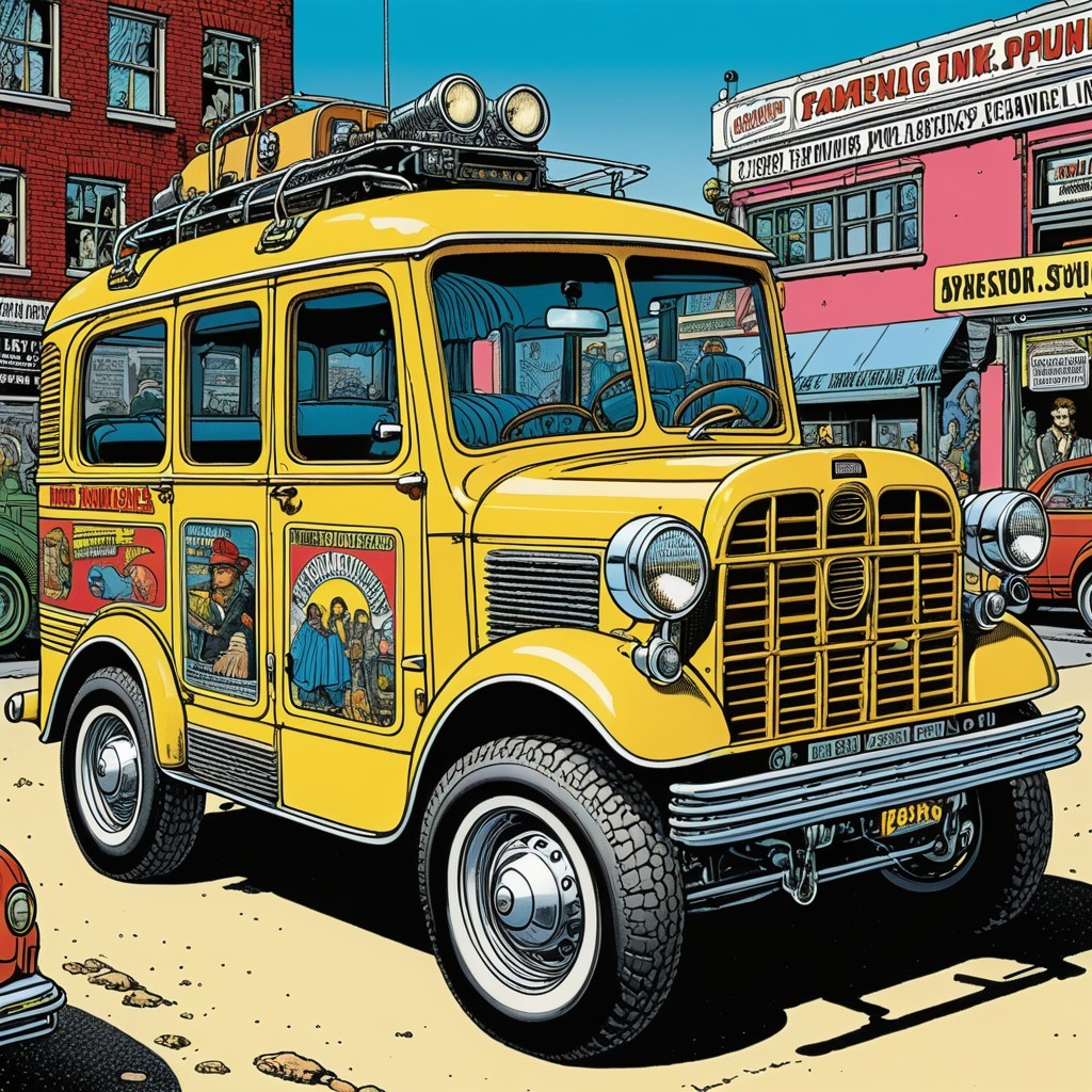 Vintage Yellow Bus with Colorful Murals in Urban Scene