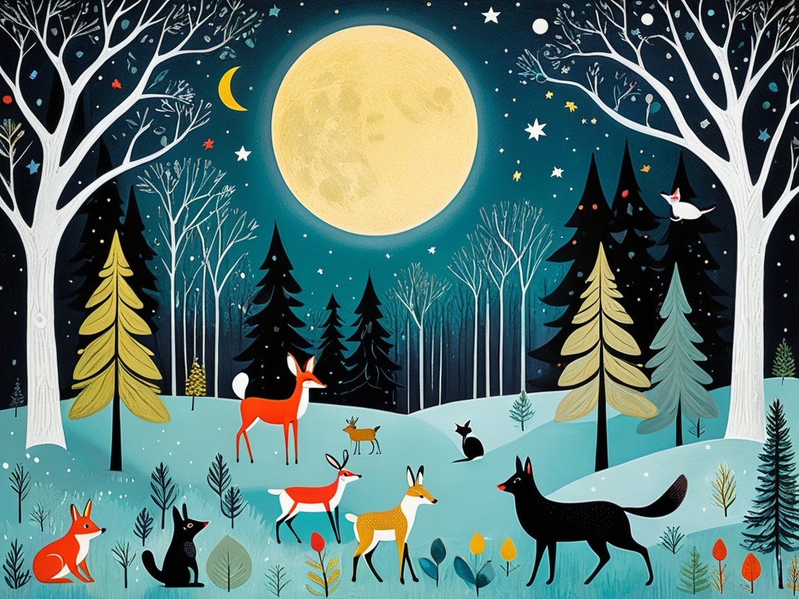 Whimsical Winter Forest Scene with Animals and Moons