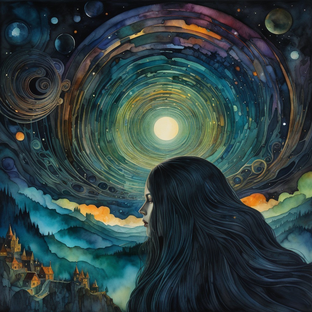Surreal Landscape with Woman and Vibrant Night Sky